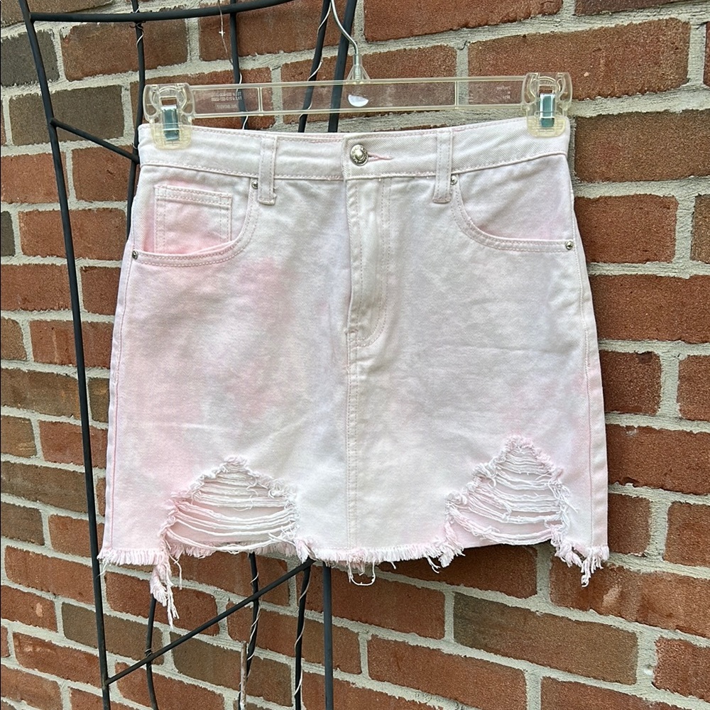 Pink Distressed Denim Mini Skirt